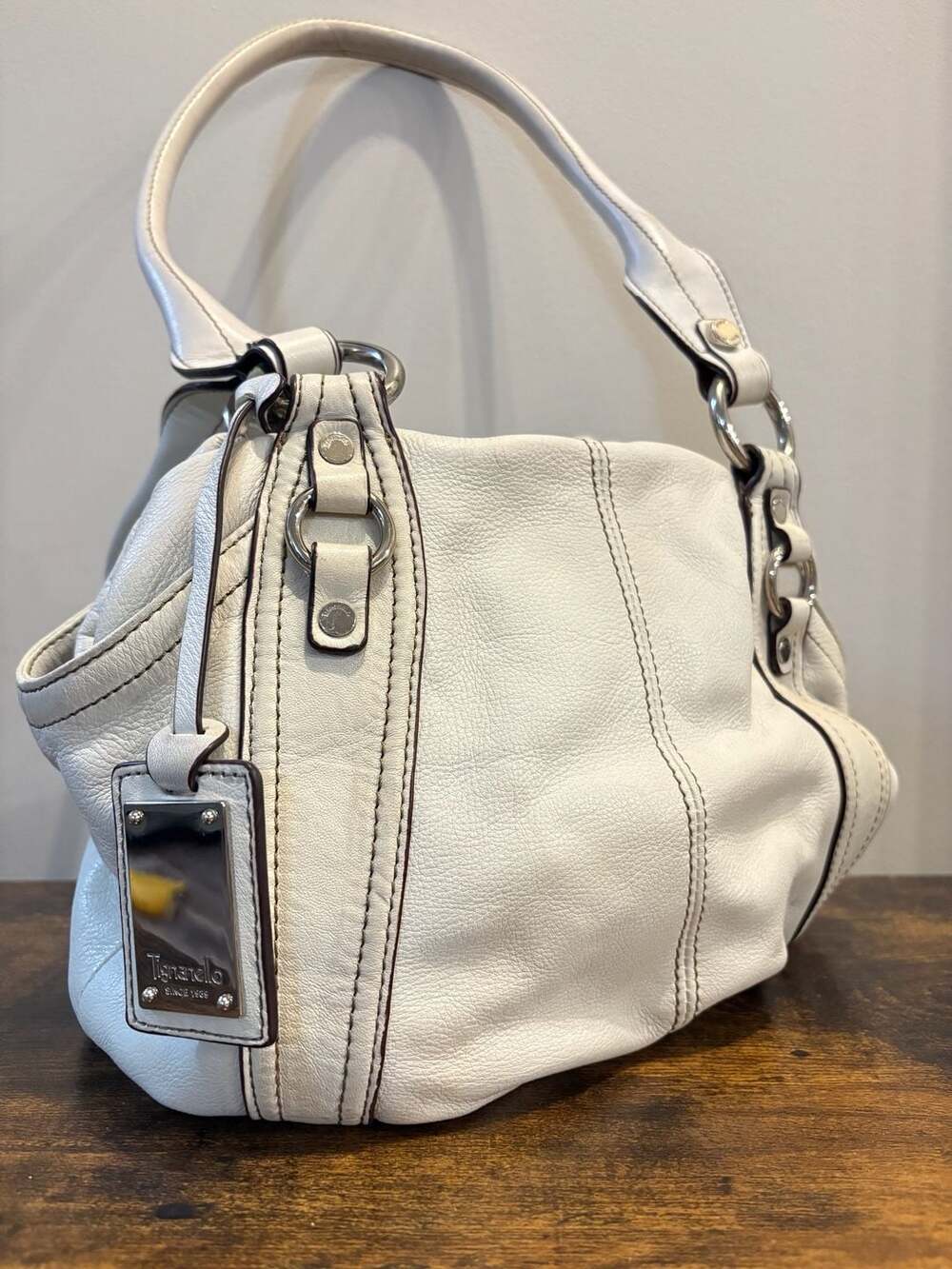Tignanello Ivory Pebbled Leather Hobo Shoulder Bag Silver Hardware Soft Slouch